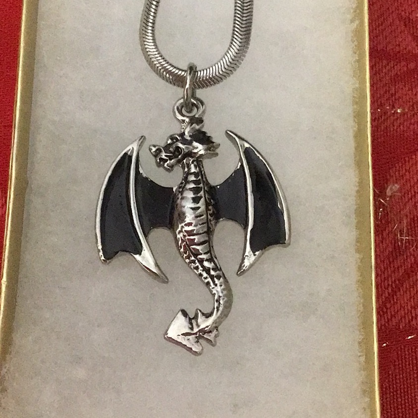 Fantasy Dragon Black Winged Metal Pendant W/ Silver Stainless Steel Chain. Nwt.